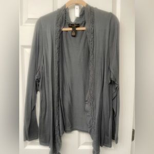Marisa Christina 3x Grey/Green Ruffle-front Cardigan Sweater